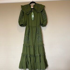 FARM Rio Green Tiered Gown with Puff Sleeves